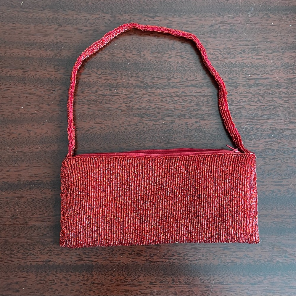 Red Beaded Micro Purse Bag Clutch Baguette Handmade in Nepal